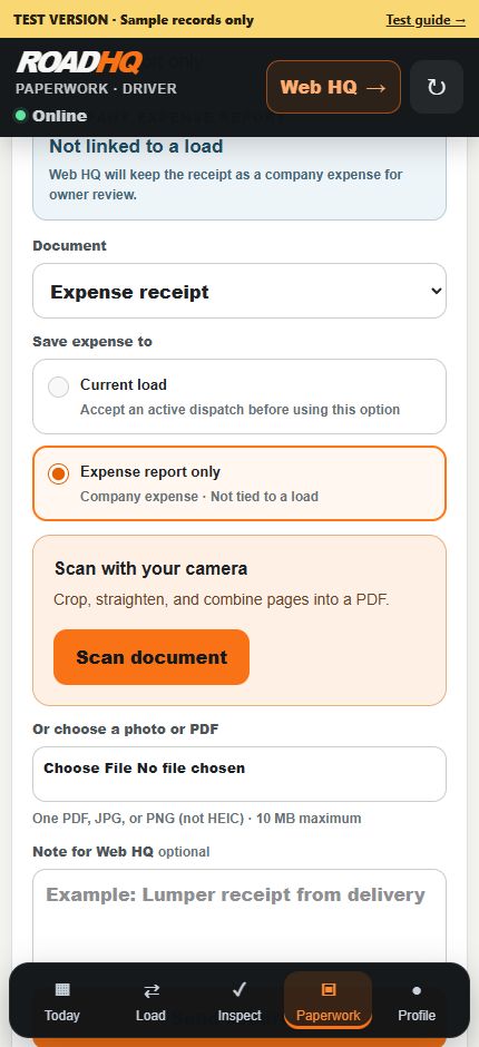 Actual mobile RoadHQ paperwork screen with receipt selection, camera scanning, file upload and a note for Web HQ.