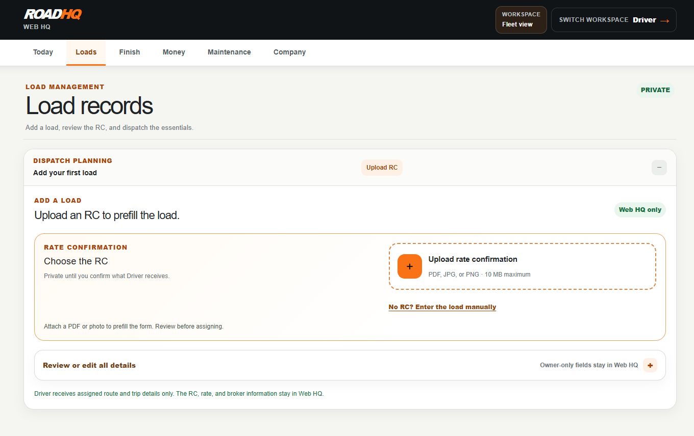 RoadHQ load entry with rate confirmation upload, a manual entry option and expandable details.