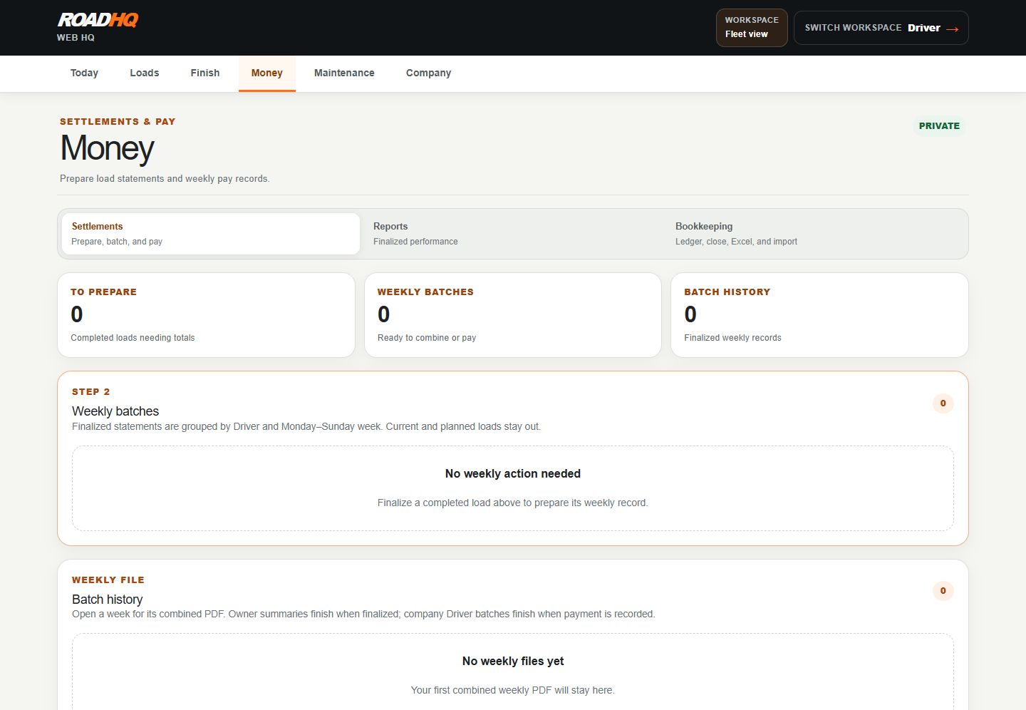 Actual RoadHQ Money screen showing Settlements, Reports, Bookkeeping and empty weekly record sections.